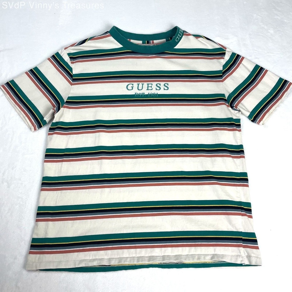 Guess Cotton Green White Orange Yellow Blue Striped Casual Crew Neck T-Shirt S